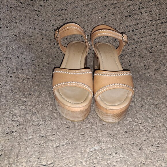 SANDRO-Audrey-Tan Leather-Contrast Stitch-Ankle Strap-Wood Heel-Sz 37/6.5-NM - Picture 3 of 9